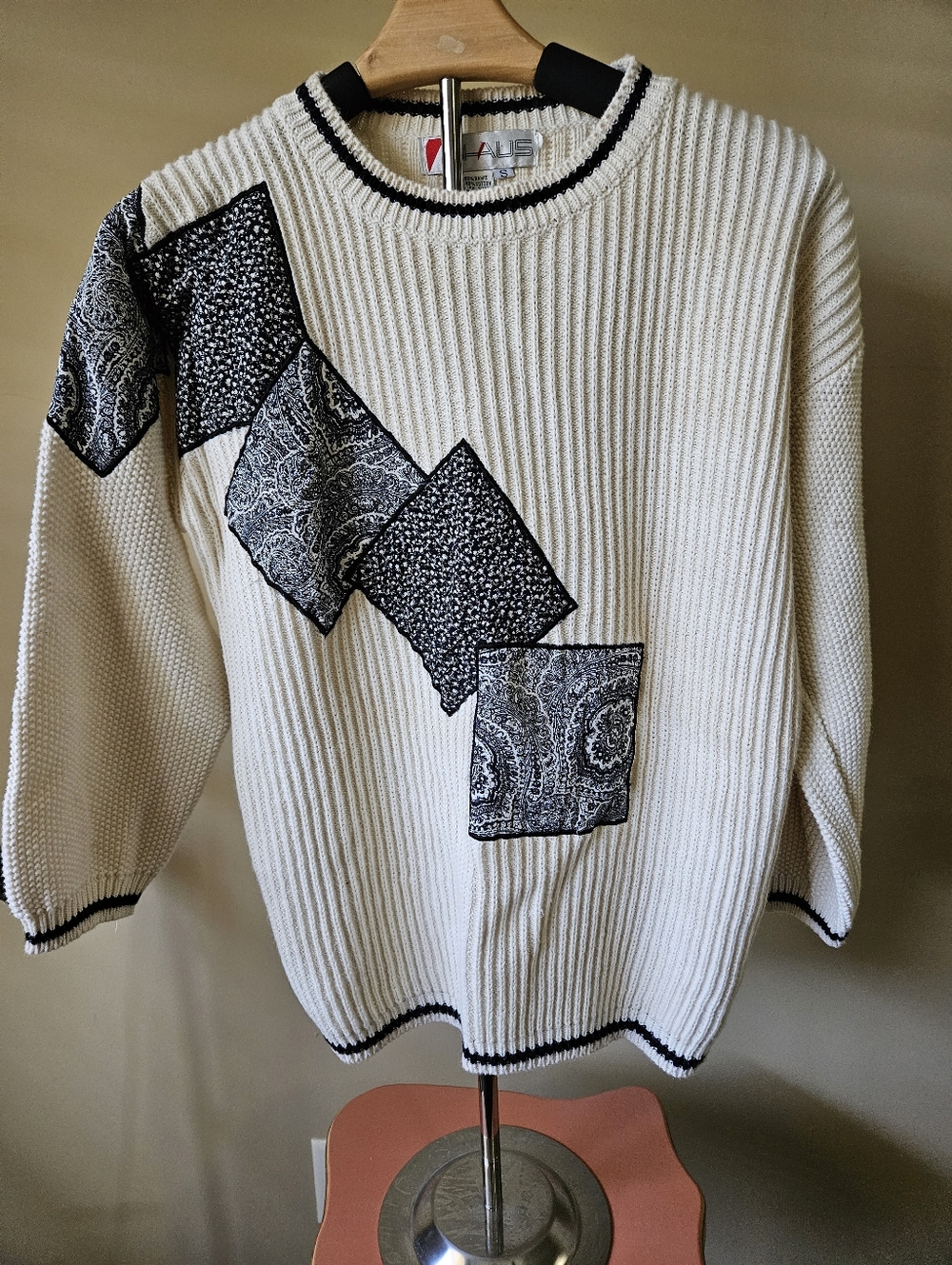 Vintage Chaus Sport Patchwork Knit Sweater Cream/Black - Size Small